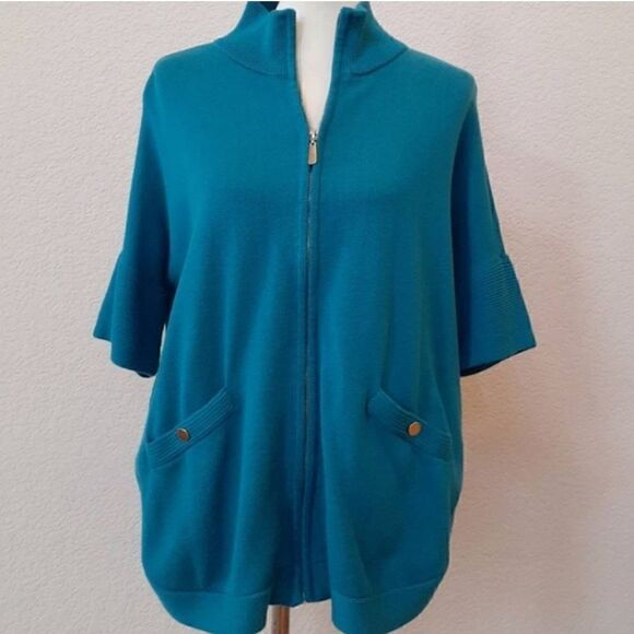 White House Black Market zip front mock turtleneck cardigan cropped sleeve teal - Picture 1 of 8